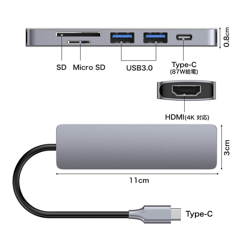 スマホ⇔パソコンのデータ転送に！ 6in1 変換アダプタ - HDMI, SDカード, MicroSD, USB, Type-c対応